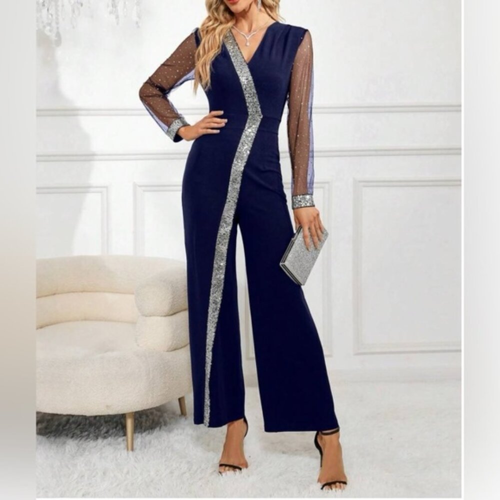 Navy Blue Mesh Sleeve Sequin Wide Leg Jumpsuit